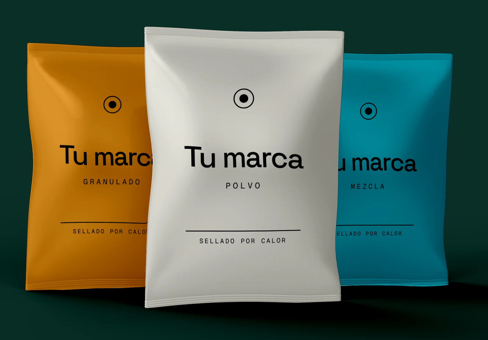 Tres bolsas de almohada selladas por calor, en tres tamaños, con la marca del cliente